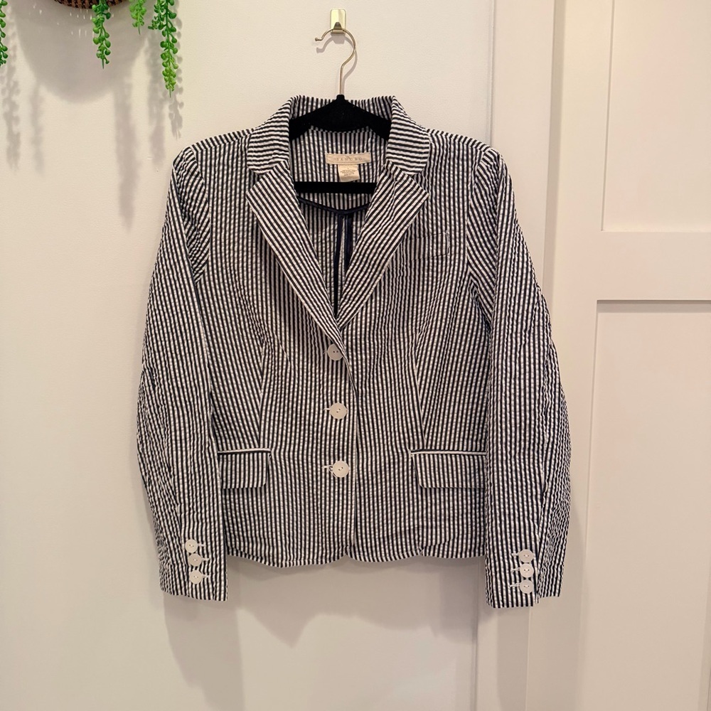 Sandro Designer Seersucker Navy White Stripes 100% Cotton Women's Blazer Size L - Picture 1 of 9